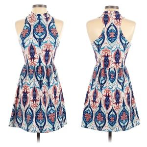 Charles Henry Blue Coral White Print Sleeveless A Line Dress